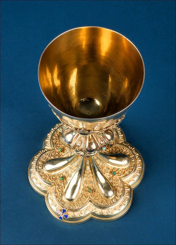 Ancien Calice Français en Argent Doré avec Turquoises Vertes. France, XIXe s.-photo-3