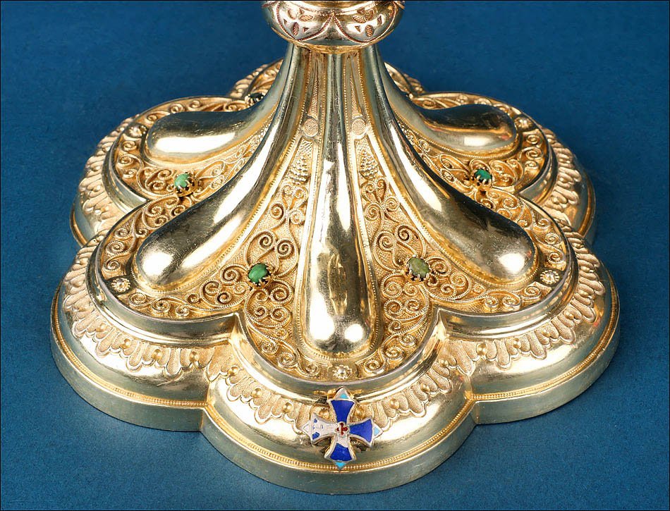Ancien Calice Français en Argent Doré avec Turquoises Vertes. France, XIXe s.-photo-4