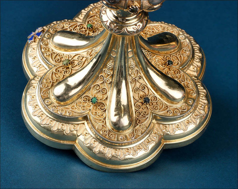 Ancien Calice Français en Argent Doré avec Turquoises Vertes. France, XIXe s.-photo-2