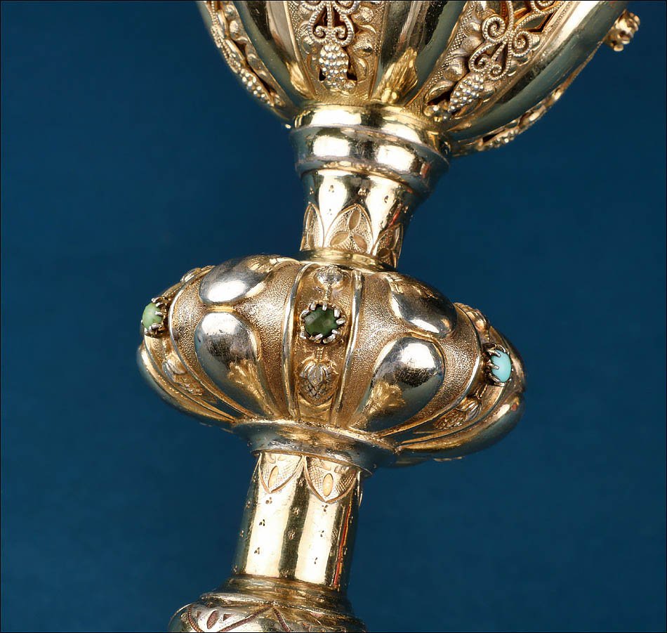 Ancien Calice Français en Argent Doré avec Turquoises Vertes. France, XIXe s.-photo-3
