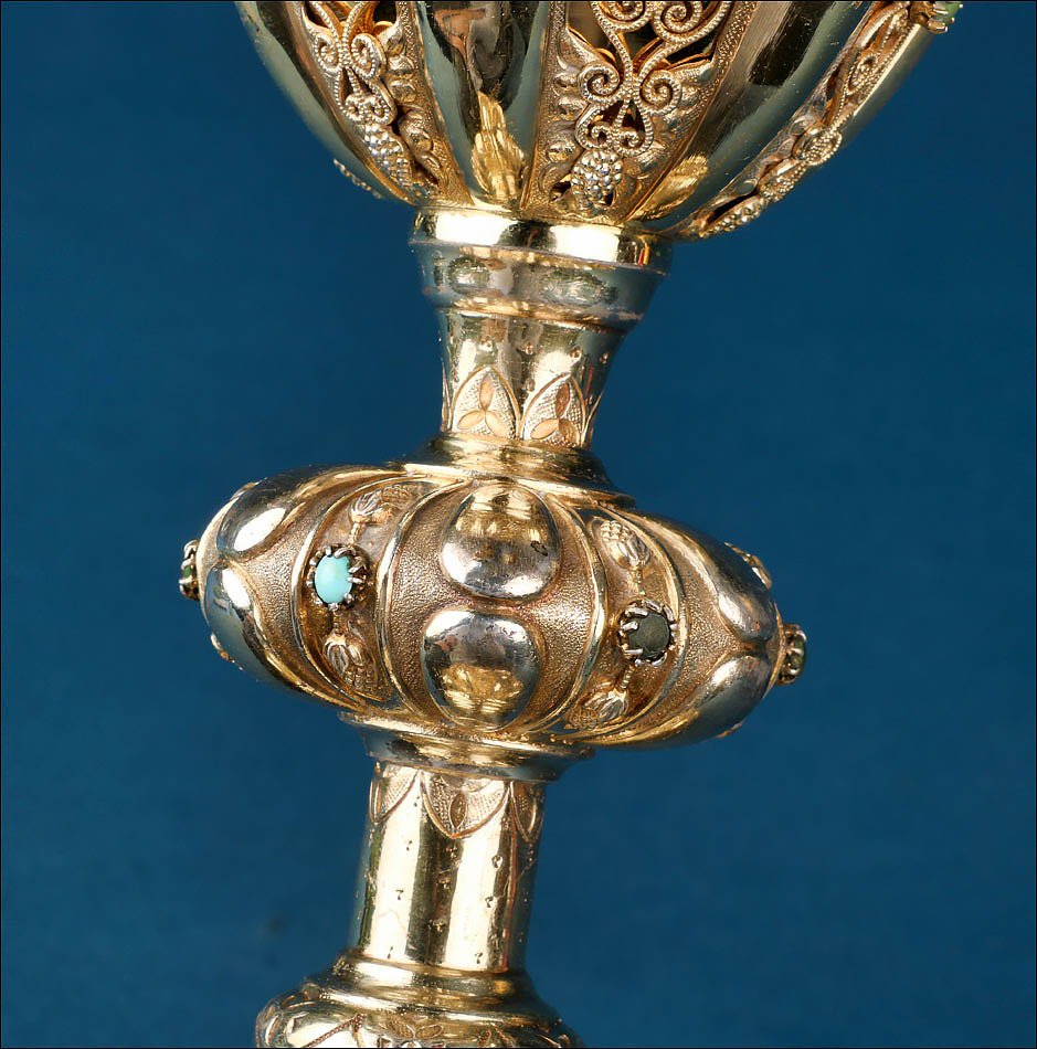 Ancien Calice Français en Argent Doré avec Turquoises Vertes. France, XIXe s.-photo-4