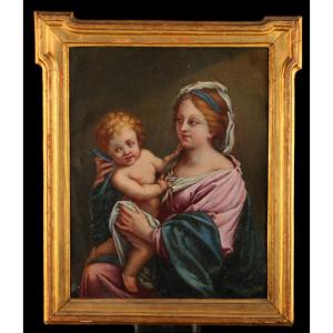 Ancienne Peinture Italienne Du XVIIe Siècle Sur Cuivre. Vierge à l'Enfant