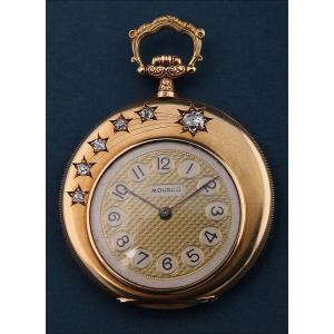 Ancienne Montre Gousset Ultrafine Movado. Or 18k Et Diamants. Suisse, Vers 1930