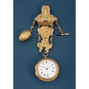 Ancienne Montre Gousset à Coq et Chatelaine en Or 18K. Angleterre, 1745
