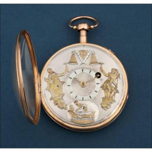 Ultra rare Montre Gousset à Coq avec Automate Érotique. Or 18K. France, circa 1820