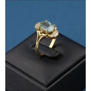 Vintage 18k Gold Ring With Oval Rutilated Quartz And 8 Natural Diamonds