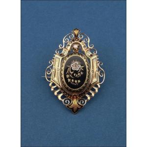 Ancienne broche en or 18K avec fleur de diamants et perle, vers 1870