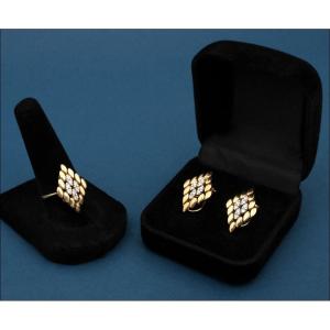 Vintage Matching Ring And Earrings, 18k Gold Set With Natural Diamonds