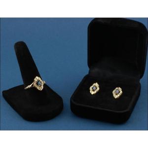 Vintage Set Of 18k Gold Ring And Earrings With Diamonds And Sapphire