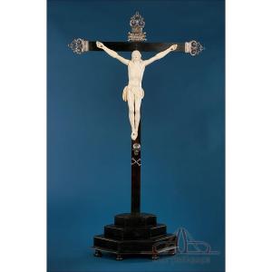 Antique Ivory Christ On Ebonised Wood Cross With Silver Fittings. Certificate. France, 18th Cen