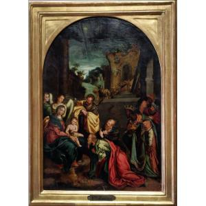 Old Oil On Panel, 'adoration', Follower Of Zuccaro, Italian School Ca. 1600