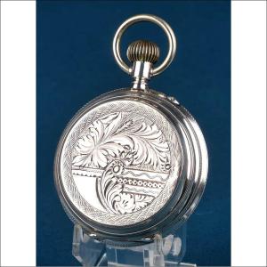 Ancienne Montre à Gousset ou de Poche avec Boîtier Argenté Gravé. Suisse, 1880–1890
