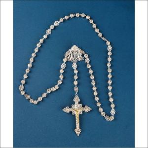 Grand Chapelet Ancien en Filigrane d'Argent avec Christ Doré. Espagne, Circa 1900