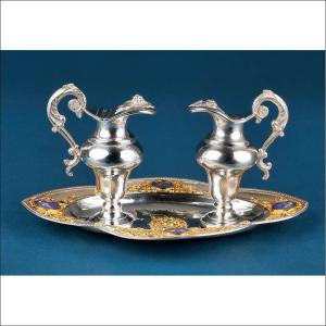 Anciennes Burettes en Métal Argenté avec Émaux, France, circa 1900
