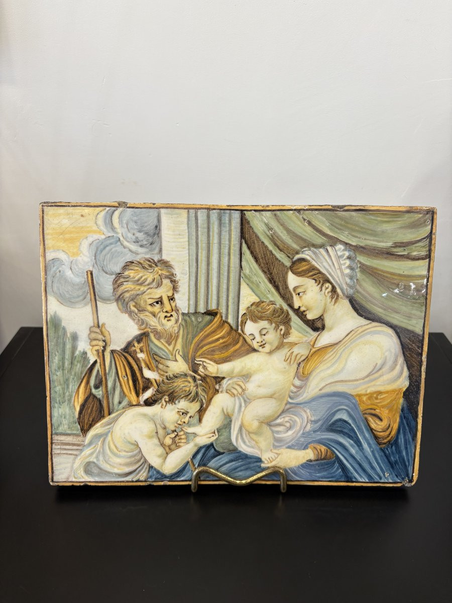 Carreau de faïence Castelli D'Abruzzo du XVIIIe siècle représentant « La Sainte Famille »-photo-2