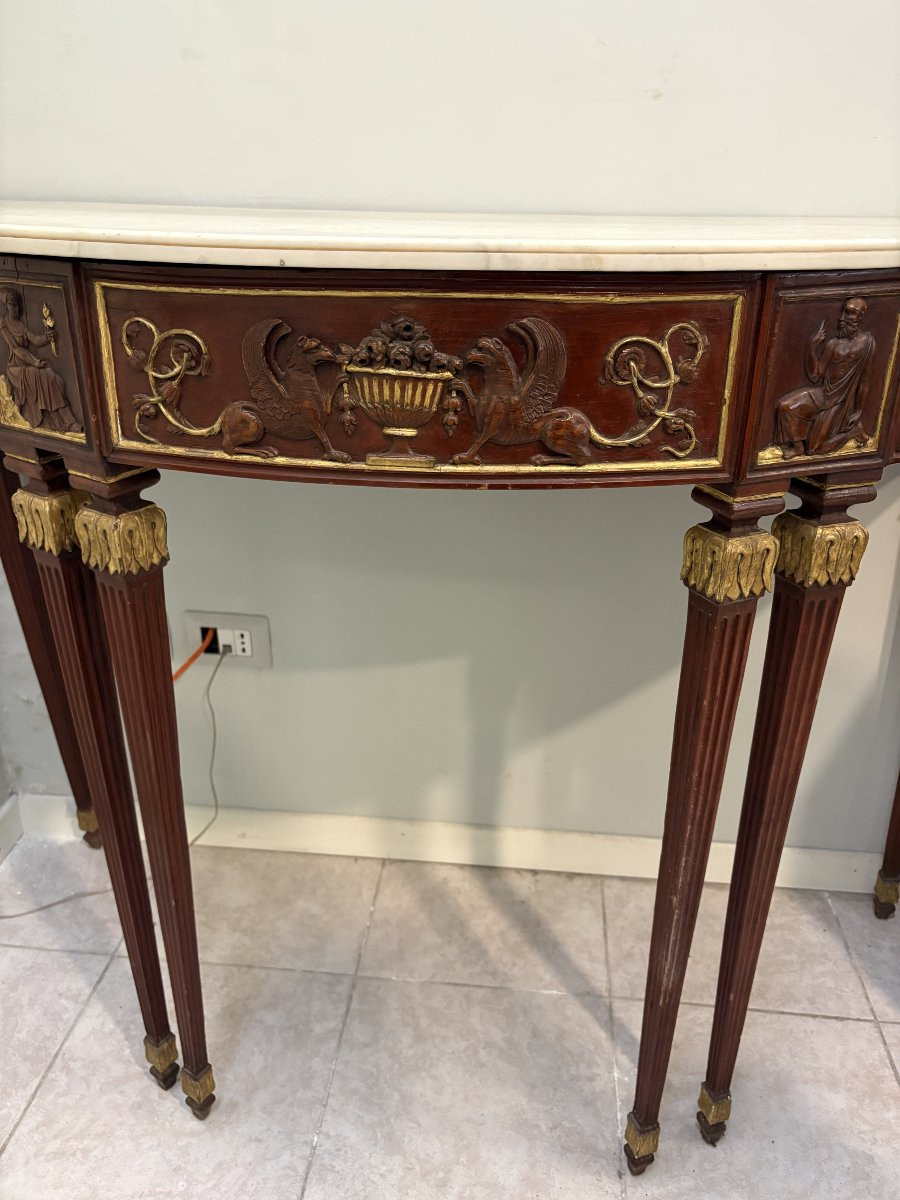 Console demi-lune à six pieds en bois laqué et doré-photo-4