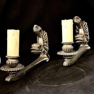 Pair Of Silver-plated Bronze Wall Lamps