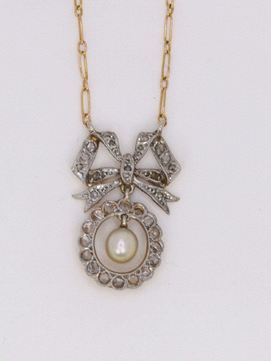 Belle Epoque Knot Necklace In Gold, Diamonds And Fine Pearl