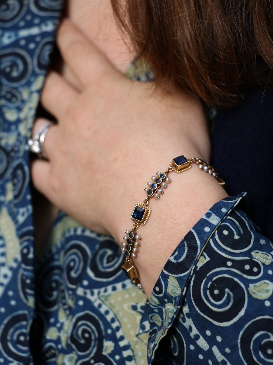Bracelet Ancien XIXe En Or, Saphirs Et Perles Fines-photo-2