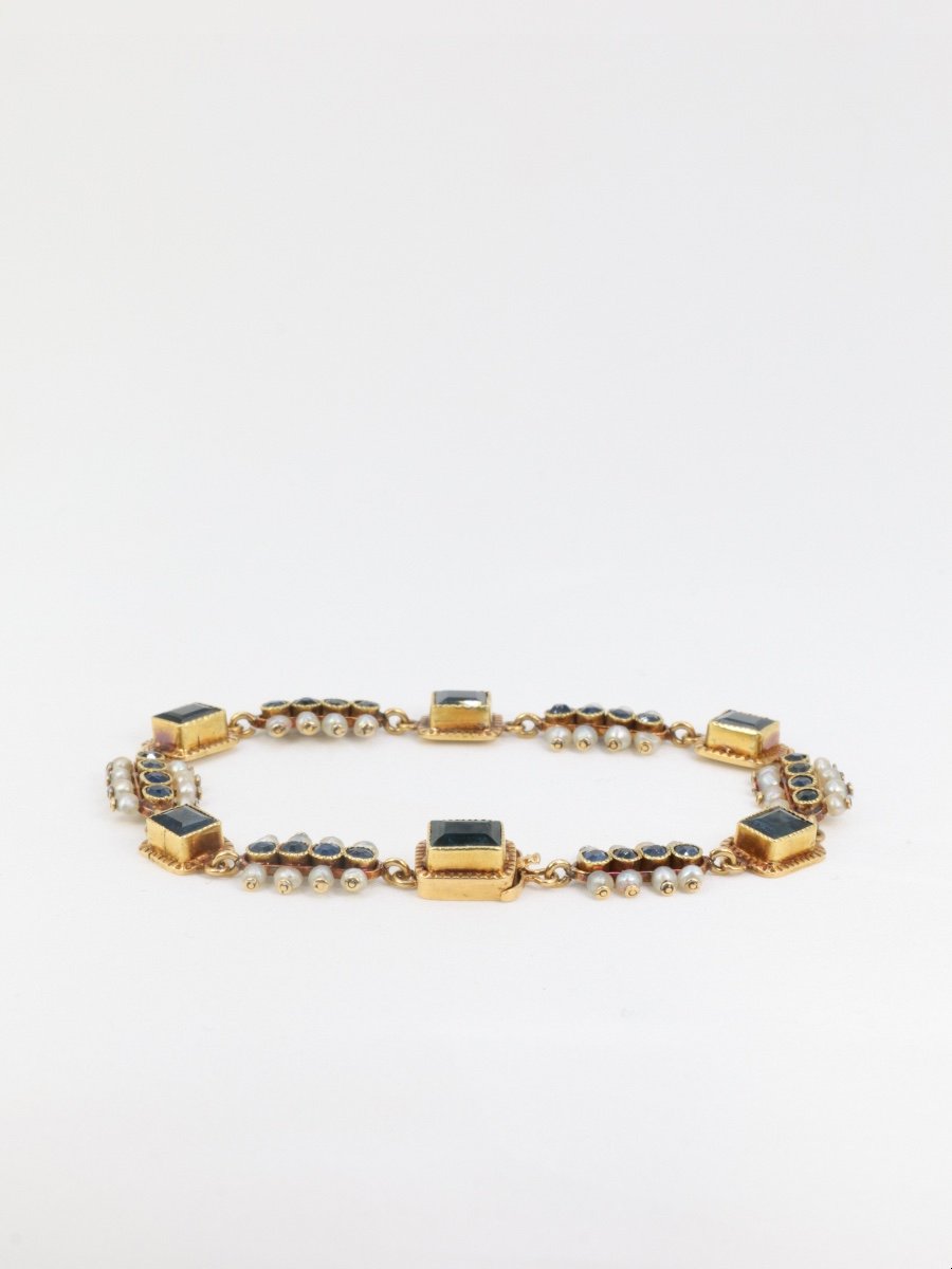 Bracelet Ancien XIXe En Or, Saphirs Et Perles Fines-photo-2