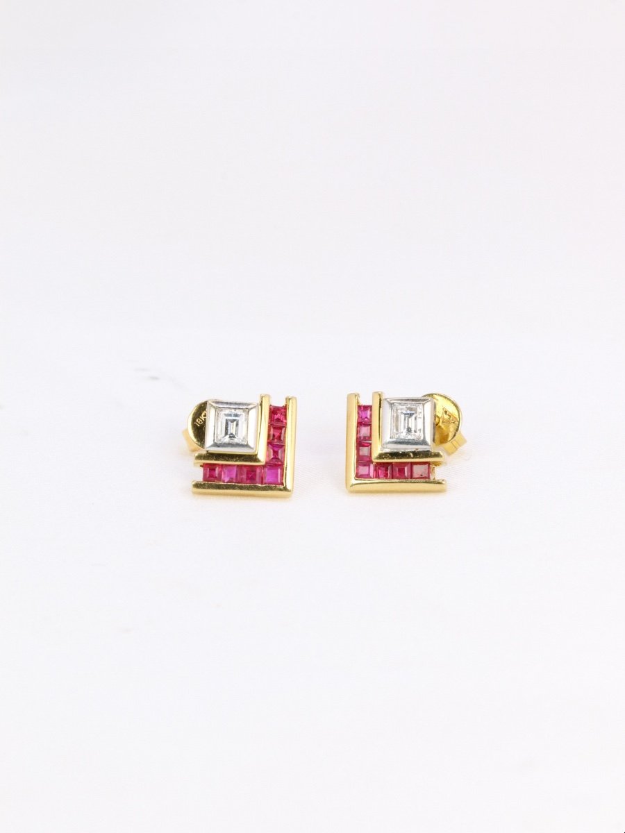 Vintage Emerald Cut Diamond And Calibrated Ruby Earrings-photo-4