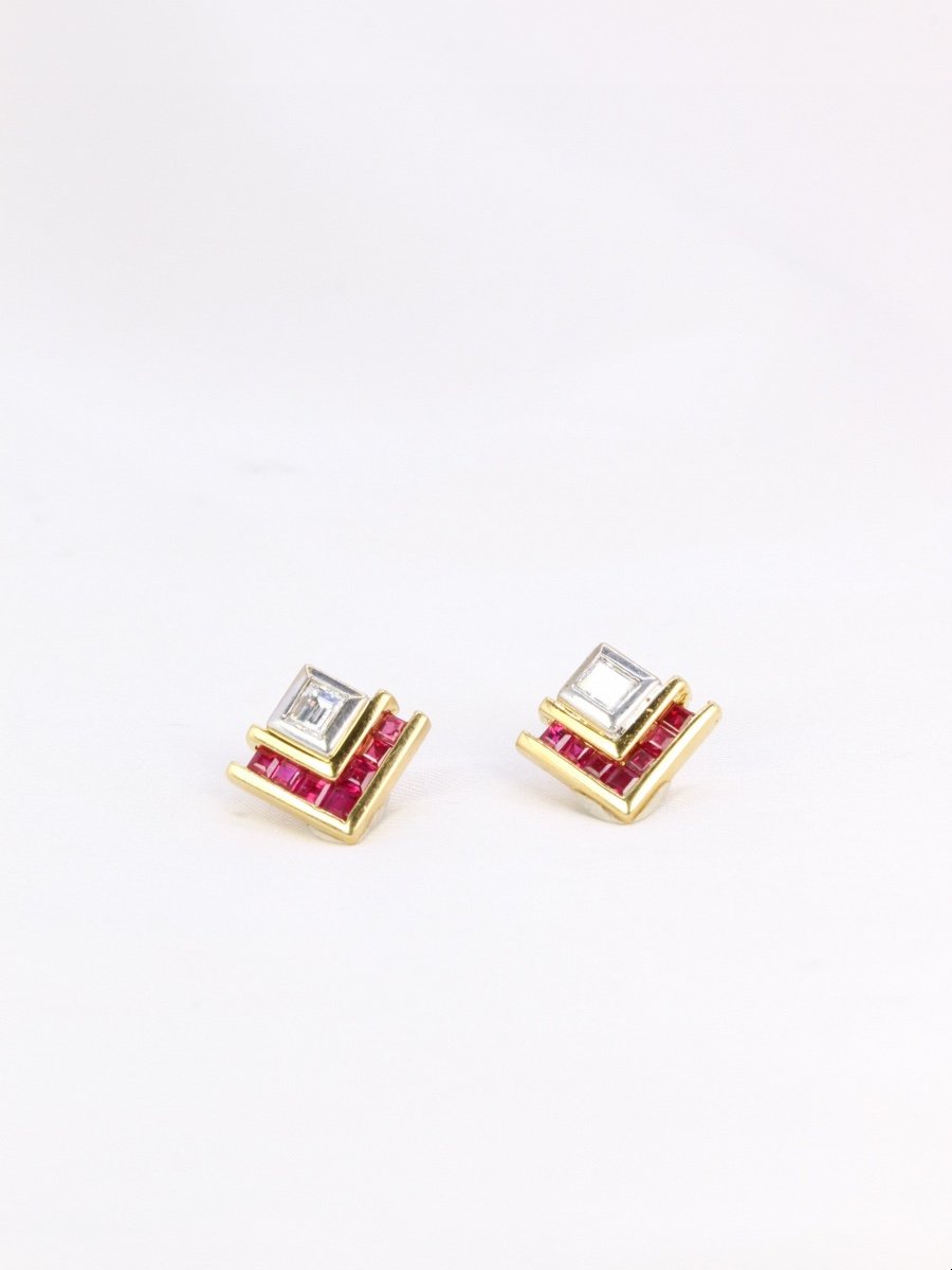 Vintage Emerald Cut Diamond And Calibrated Ruby Earrings-photo-1
