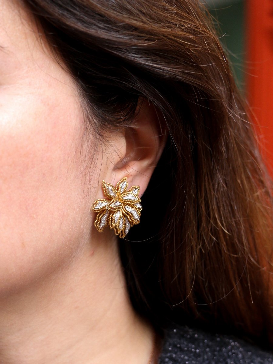 Clips D’oreilles Vintage Fleur En Or Et Diamants-photo-2
