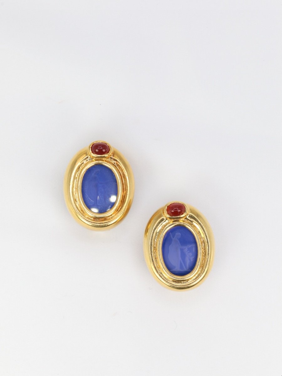 Vintage Gold Ear Clips, Blue Glass Intaglio And Carnelian-photo-3