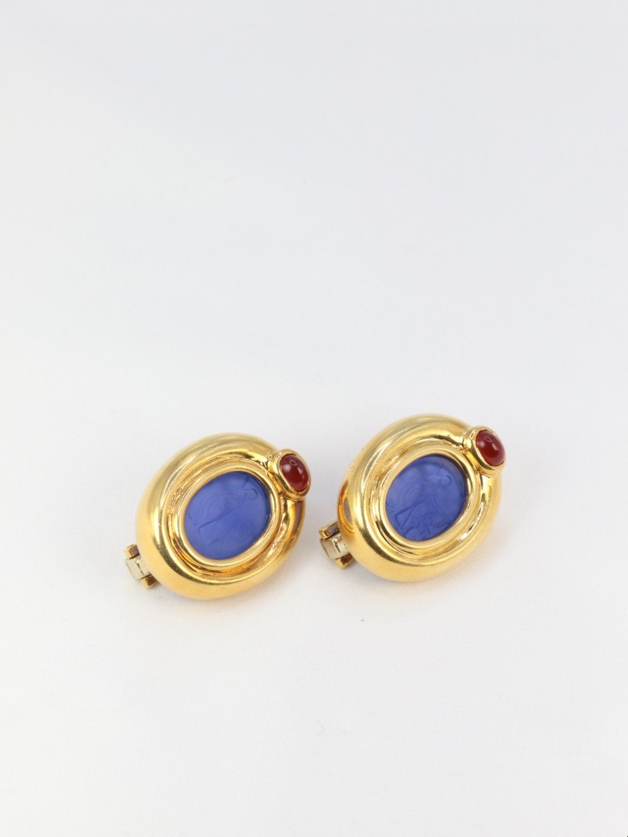 Clips D’oreilles Vintage En Or, Intaille En Verre Bleu Et Cornaline-photo-4