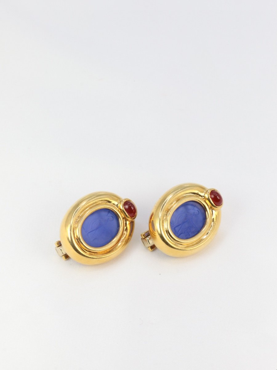 Vintage Gold Ear Clips, Blue Glass Intaglio And Carnelian-photo-4