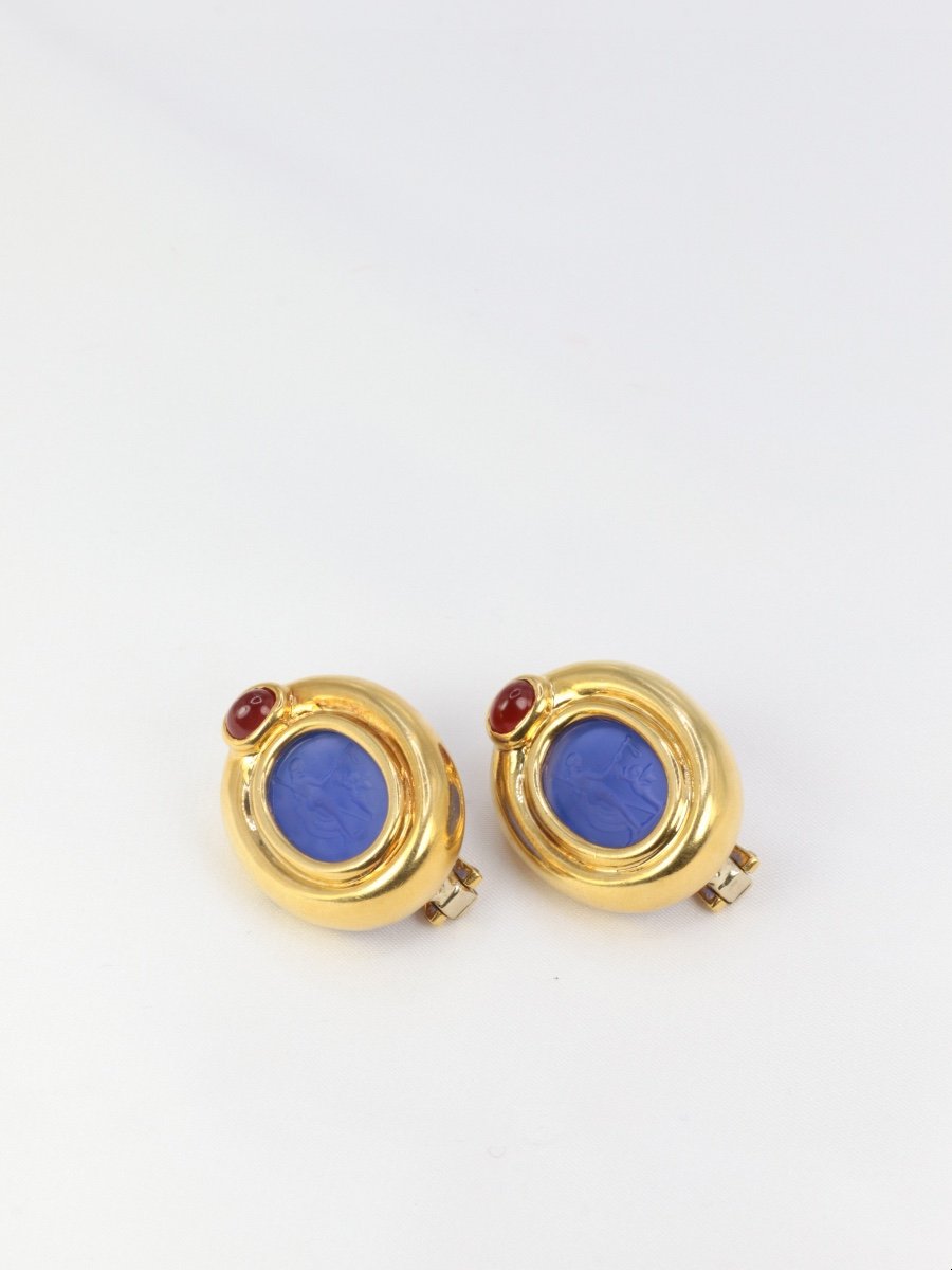 Vintage Gold Ear Clips, Blue Glass Intaglio And Carnelian-photo-1