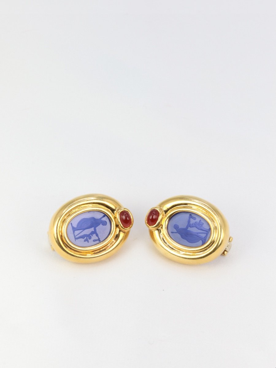 Vintage Gold Ear Clips, Blue Glass Intaglio And Carnelian-photo-2