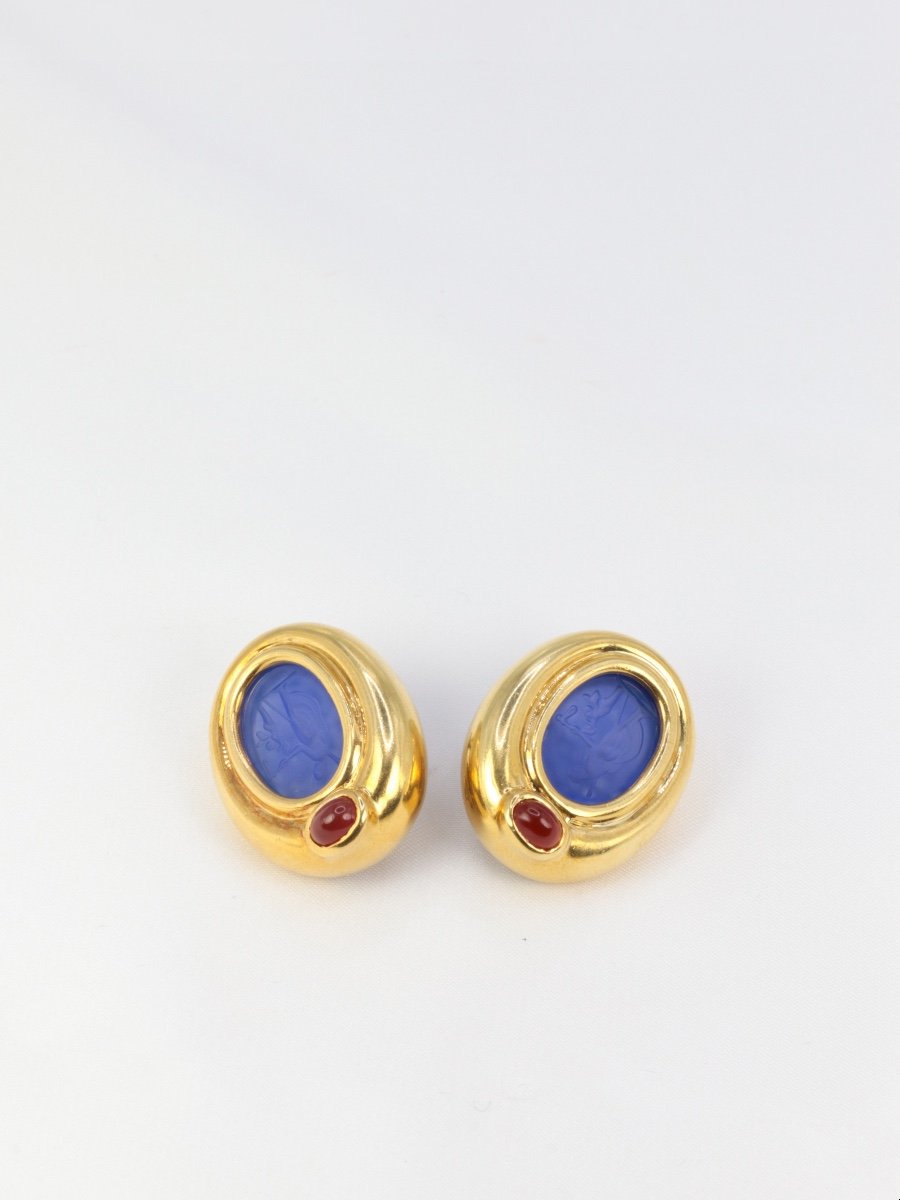 Vintage Gold Ear Clips, Blue Glass Intaglio And Carnelian-photo-3