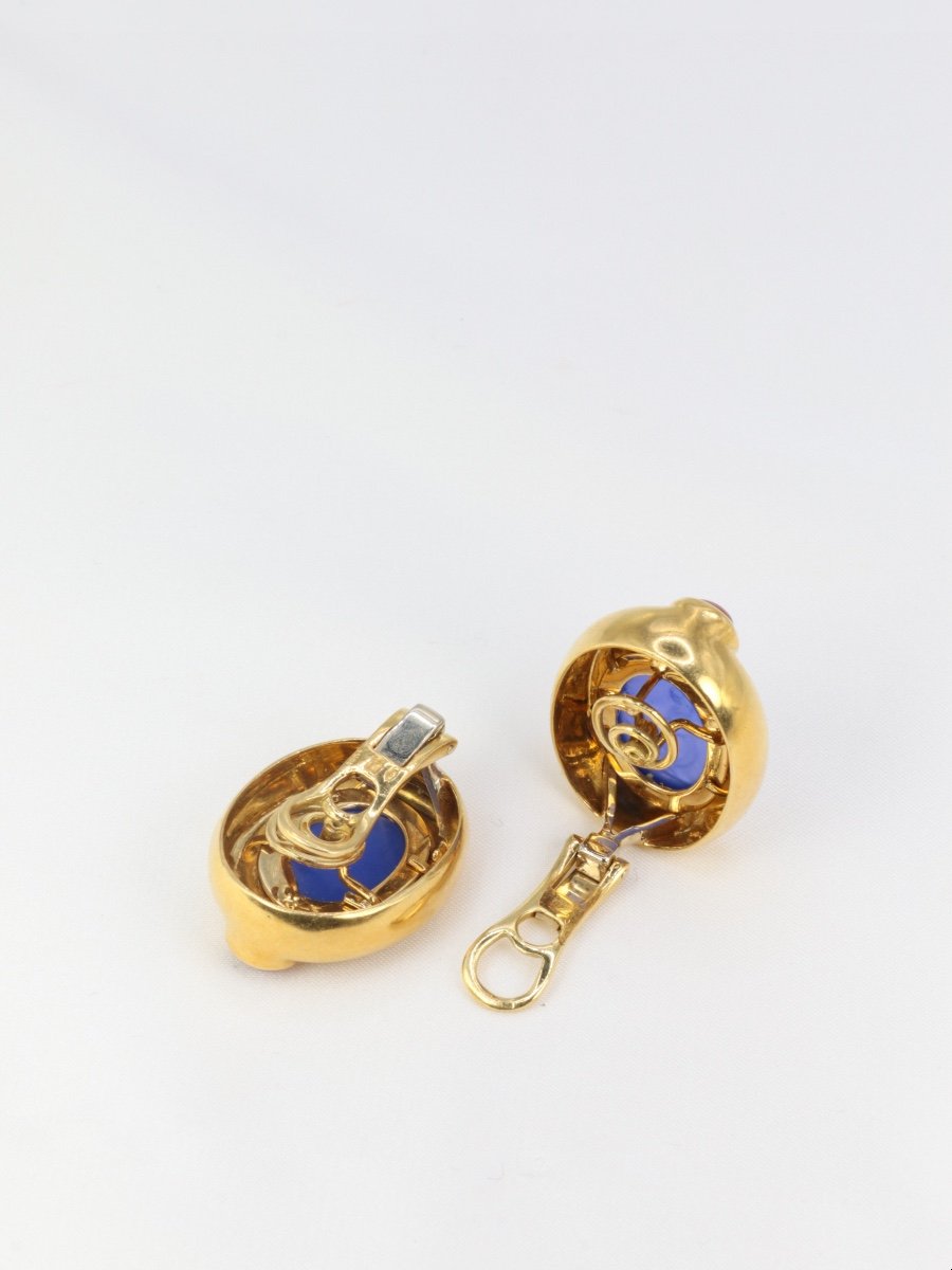 Vintage Gold Ear Clips, Blue Glass Intaglio And Carnelian-photo-4