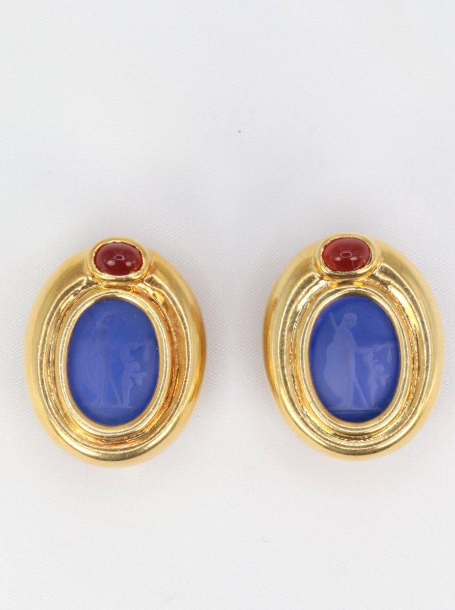 Vintage Gold Ear Clips, Blue Glass Intaglio And Carnelian