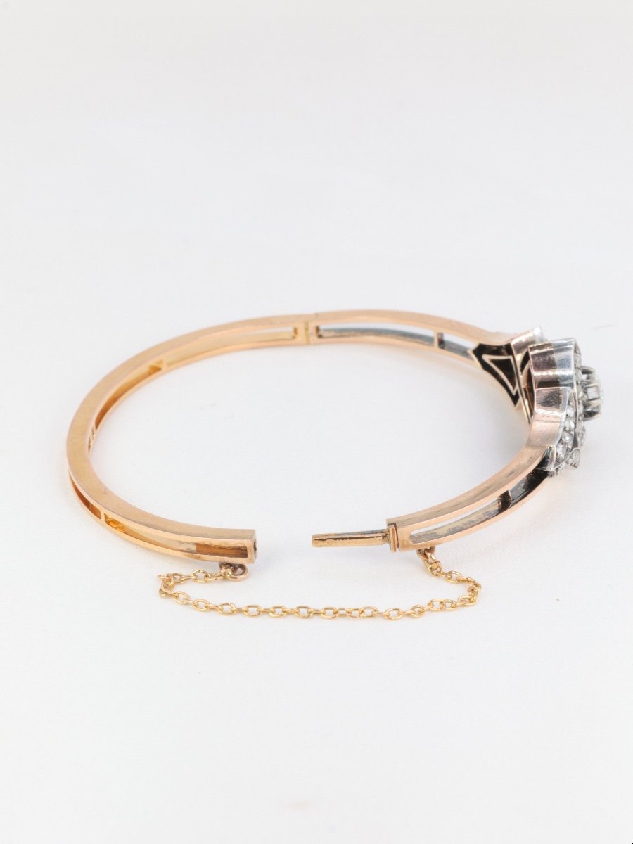 Bracelet Jonc Ancien Fin 19ème En Or Rose, Argent Et Diamants Taille Ancienne-photo-6