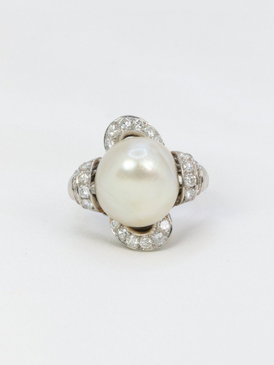 Bague Art Déco Perle Fine Platine Diamants-photo-3