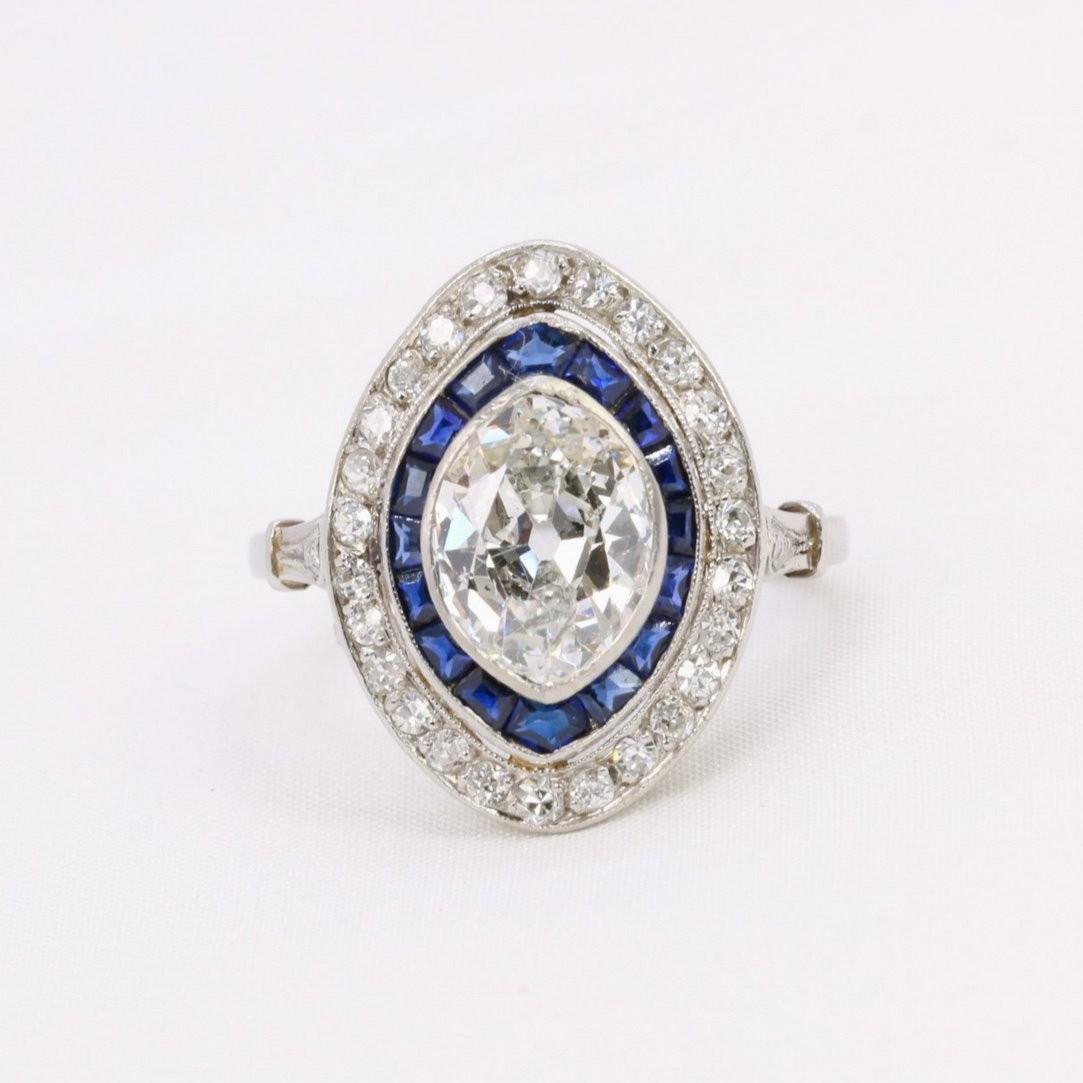 Marquise Art Deco Ring Calibrated Sapphires Diamond 2.15 Ct 