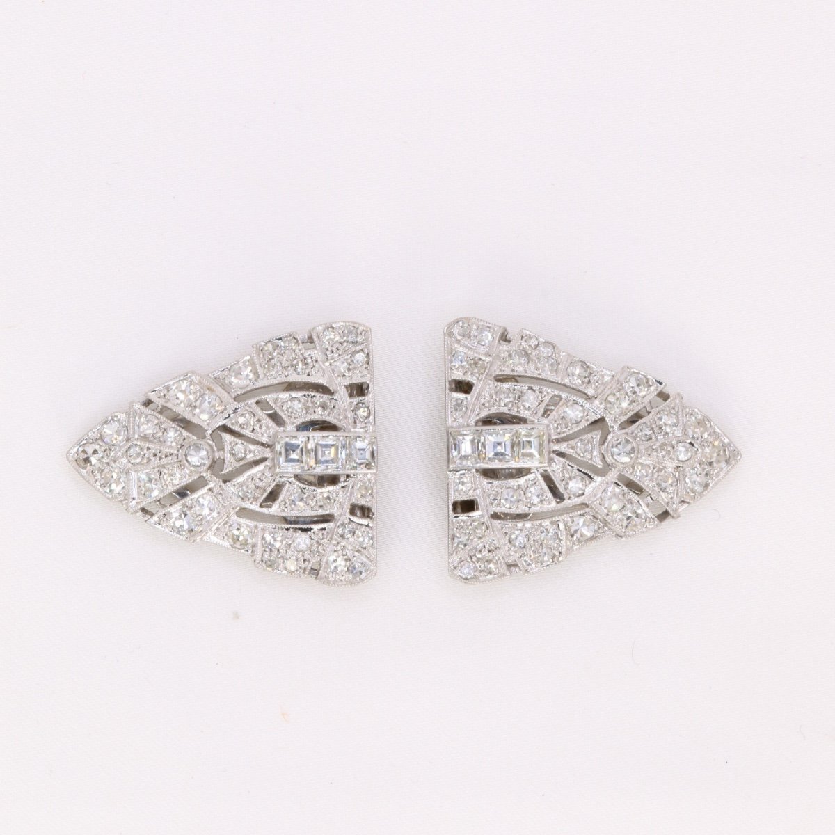 Broche Double-clip Art Déco Or Blanc Platine Diamants