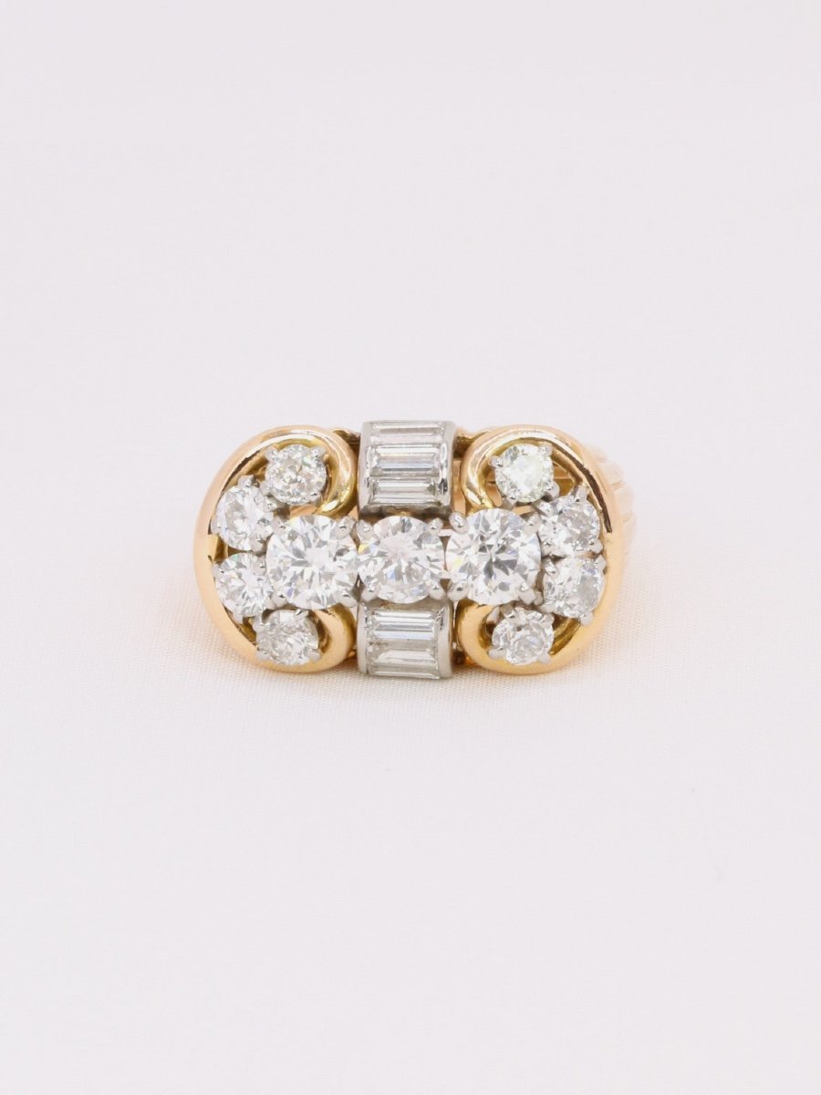 Yellow Gold 'tank' Ring With Round Diamonds & Baguette Diamonds-photo-3
