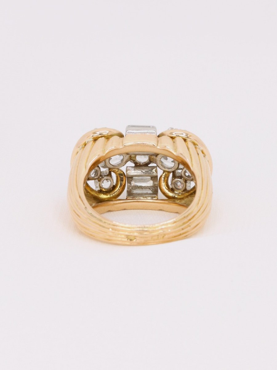 Yellow Gold 'tank' Ring With Round Diamonds & Baguette Diamonds-photo-2
