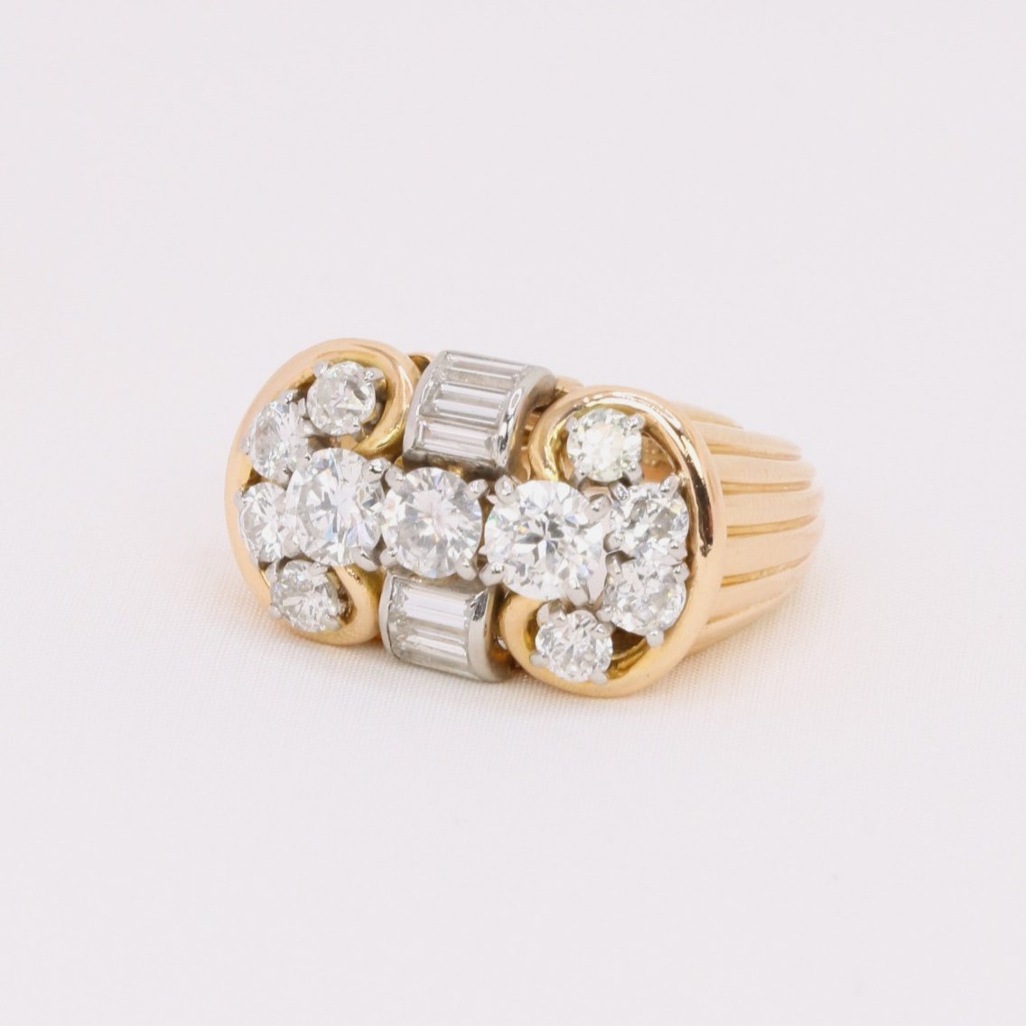 Yellow Gold 'tank' Ring With Round Diamonds & Baguette Diamonds