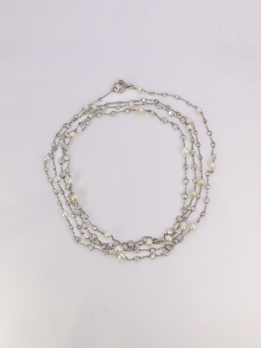 Sautoir Belle Epoque platine or perles fines diamants 16 carats-photo-2