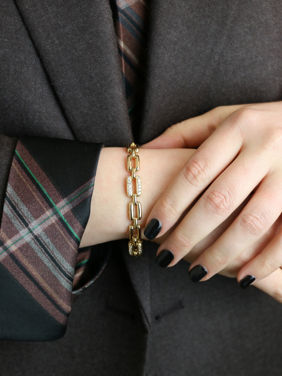 Bracelet vintage maille rectangle or jaune diamants-photo-3