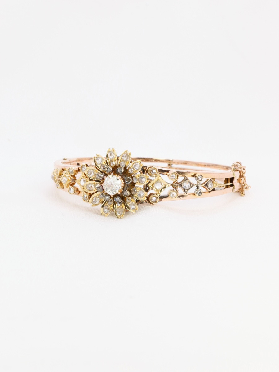 Napoleon III Mobile Flower Bracelet In Rose Gold With Old-cut Diamonds-photo-3