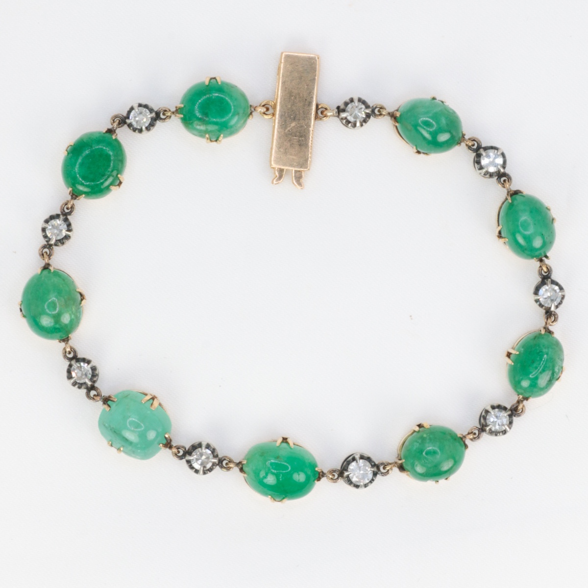 Antique Bracelet With Emerald Cabochons And Yellow Gold Diamonds
