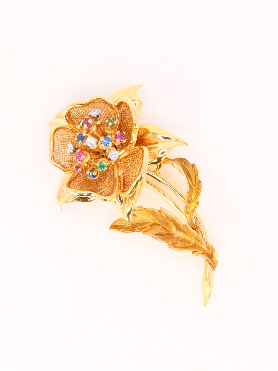 Broche vintage fleur diamants rubis émeraudes saphirs-photo-5