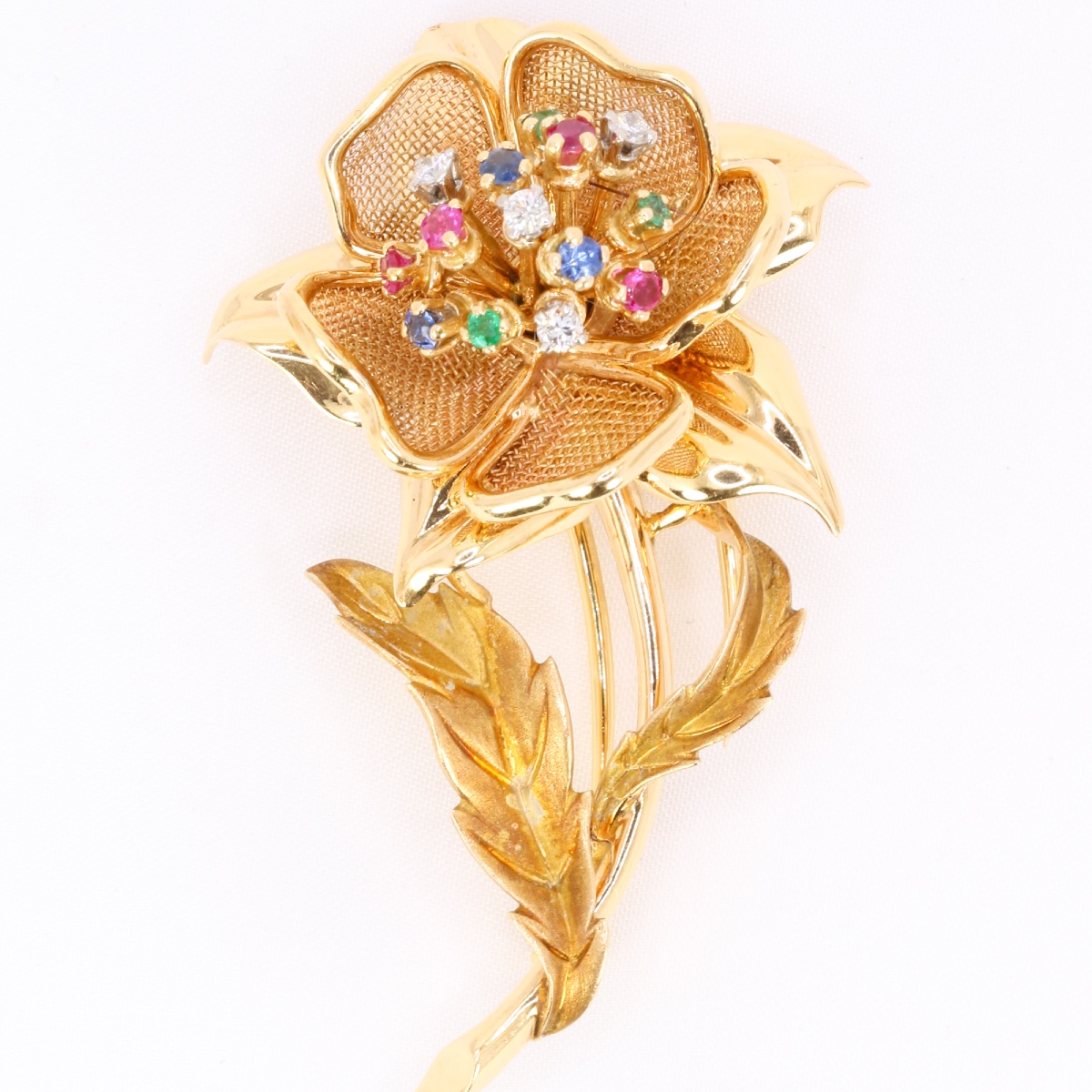 Broche vintage fleur diamants rubis émeraudes saphirs
