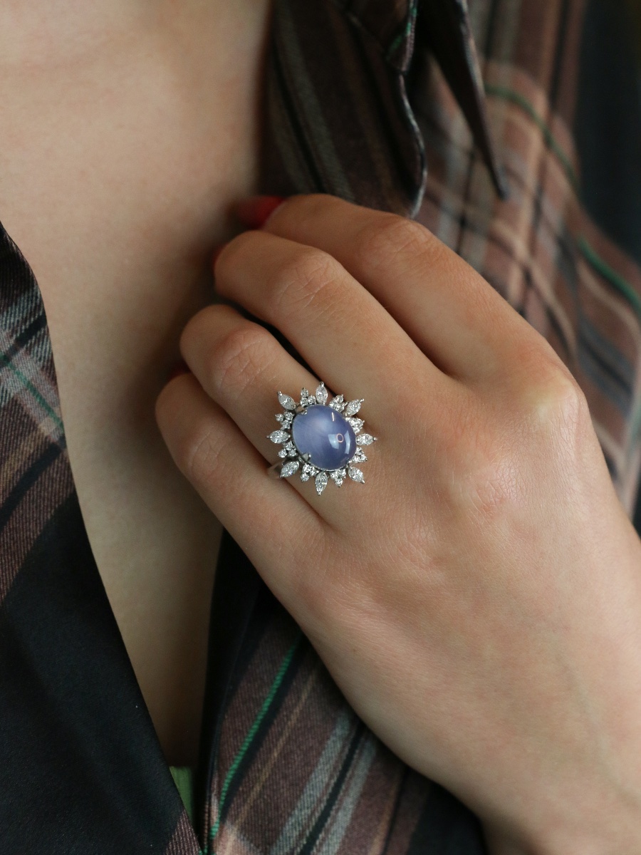 Bague marguerite diamants cabochon de saphir étoilé Ceylan 12,34 carats-photo-2