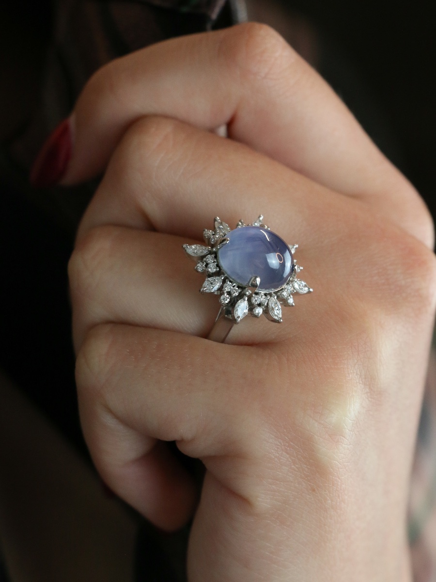 Bague marguerite diamants cabochon de saphir étoilé Ceylan 12,34 carats-photo-4